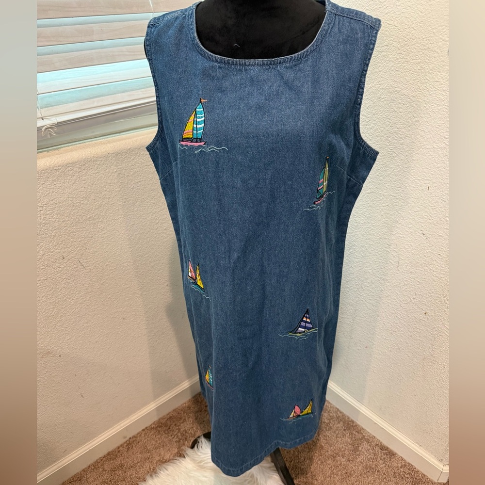 Vtg‎ Original TY Wear Blue Jean Dress 100%Cotton Embroidered Sailboats